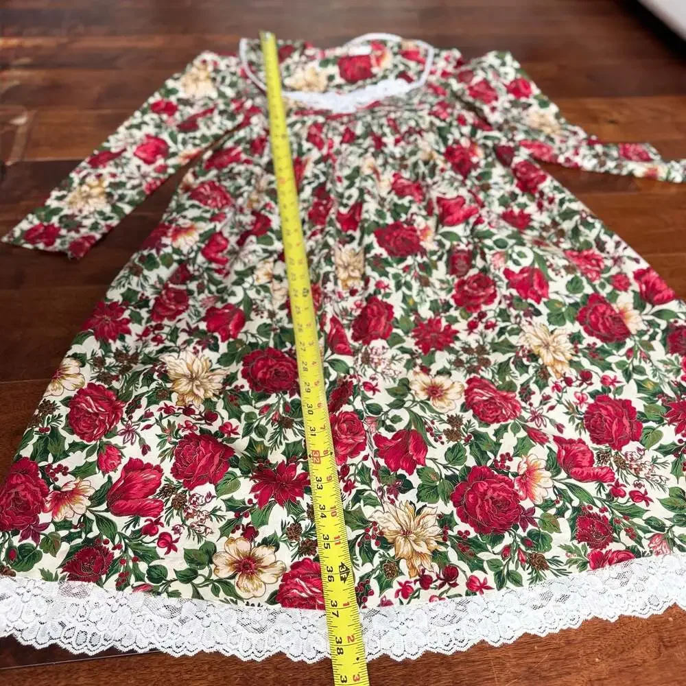 Vintage Bonnie Jean New York Red Floral Holiday Dress With Lace Trim Size 10